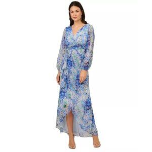 199$ Adrianna Papell Women's Abstract Floral Chiffon Maxi Gown Dress Size 8 Blue